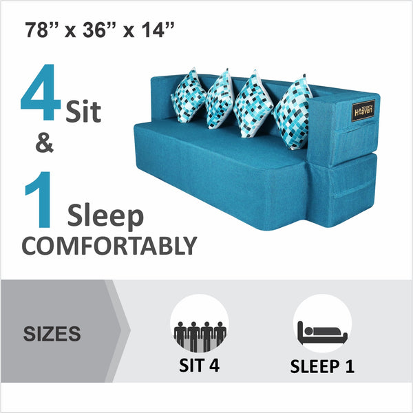 Flipper X Sofa Cum Bed - 4  Seater, Printed Cushion ( Jute Fabric, Sky Blue )