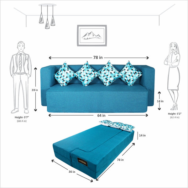 Flipper X Sofa Cum Bed - 4  Seater, Printed Cushion ( Jute Fabric, Sky Blue )