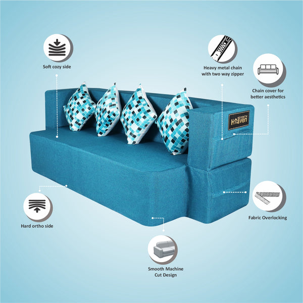 Flipper X Sofa Cum Bed - 4  Seater, Printed Cushion ( Jute Fabric, Sky Blue )