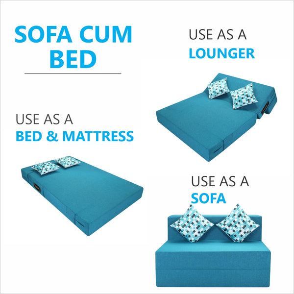 Rejoice Sofa Cum Bed - 2 Seater, Printed Cushion (Jute Fabric- Sky Blue)