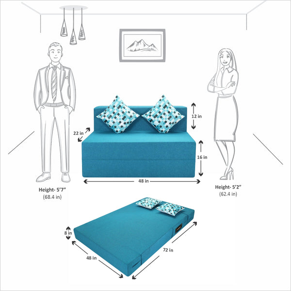 Rejoice Sofa Cum Bed - 2 Seater, Printed Cushion (Jute Fabric- Sky Blue)