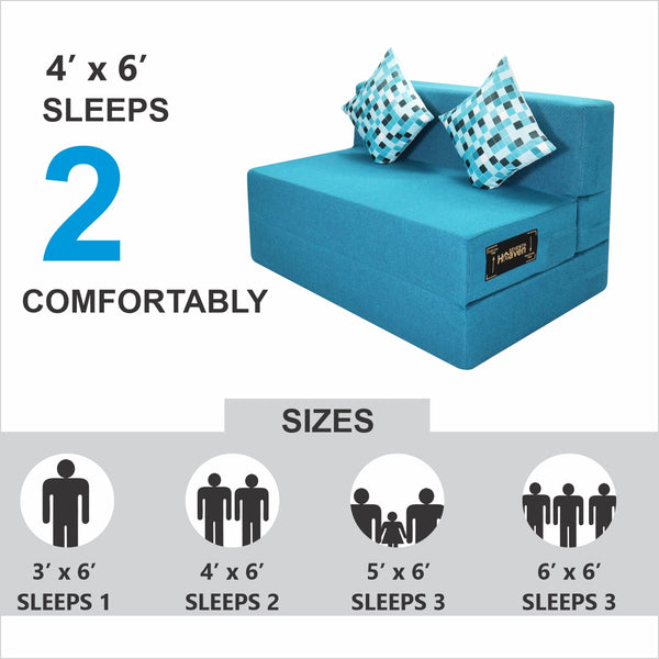 Rejoice Sofa Cum Bed - 2 Seater, Printed Cushion (Jute Fabric- Sky Blue)