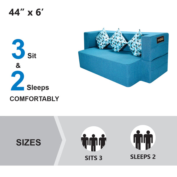 Flipper X Sofa Cum Bed - 3 Seater, Printed Cushion ( Jute Fabric, Sky Blue )