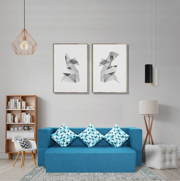Flipper X Sofa Cum Bed - 3 Seater, Printed Cushion ( Jute Fabric, Sky Blue )