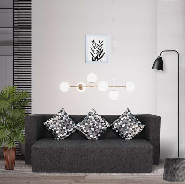 Flipper X Sofa Cum Bed - 3 Seater, Printed Cushion ( Jute Fabric, Dark Grey )