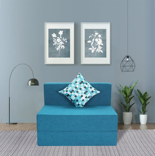 Rejoice Sofa Cum Bed - 1 Seater, Printed Cushion (Jute Fabric- Sky Blue )