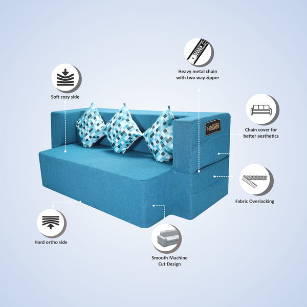 Flipper X Sofa Cum Bed - 3 Seater, Printed Cushion ( Jute Fabric, Sky Blue )
