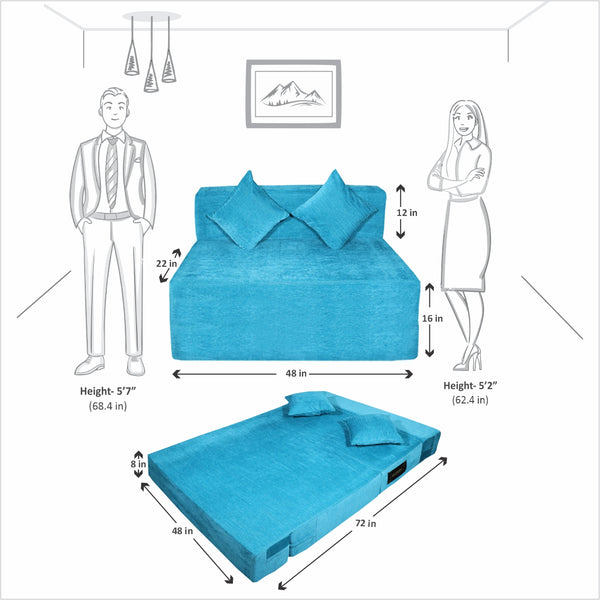 Rejoice Sofa Cum Bed - 2  Seater, Plain Cushion ( Premium Molfino Fabric, Sky Blue )