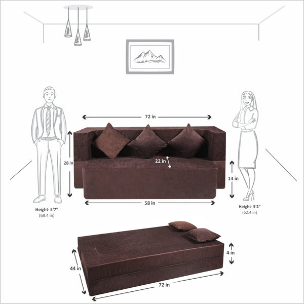 Flipper X Sofa Cum Bed - 3 Seater, Plain Cushions (Premium Molfino Fabric- Brown )