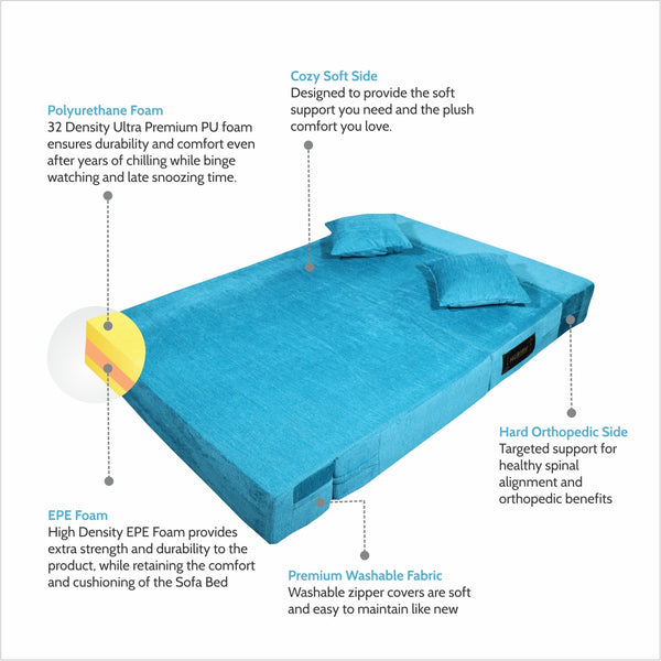 Rejoice Sofa Cum Bed - 2  Seater, Plain Cushion ( Premium Molfino Fabric, Sky Blue )