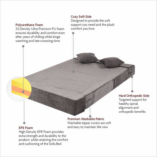 Rejoice Sofa Cum Bed - 2  Seater, Plain Cushion ( Premium Molfino Fabric, Fossil Grey )