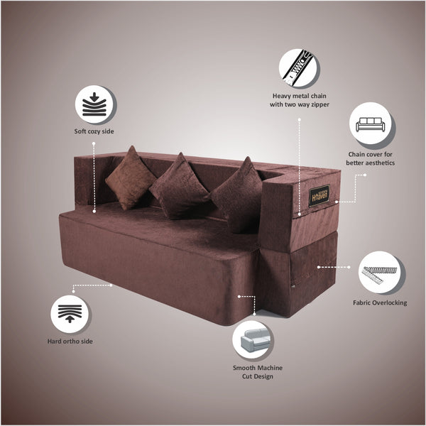 Flipper X Sofa Cum Bed - 3 Seater, Plain Cushions (Premium Molfino Fabric- Brown )