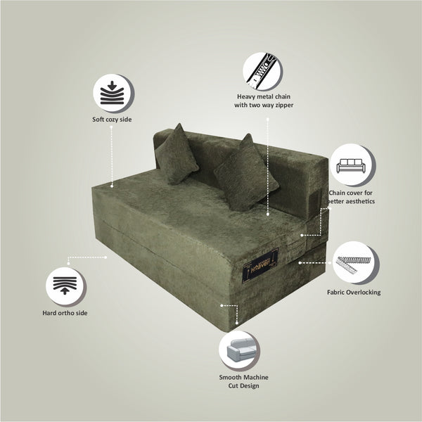 Rejoice Sofa Cum Bed - 3 Seater, Plain Cushion ( Premium Molfino Fabric, Green )