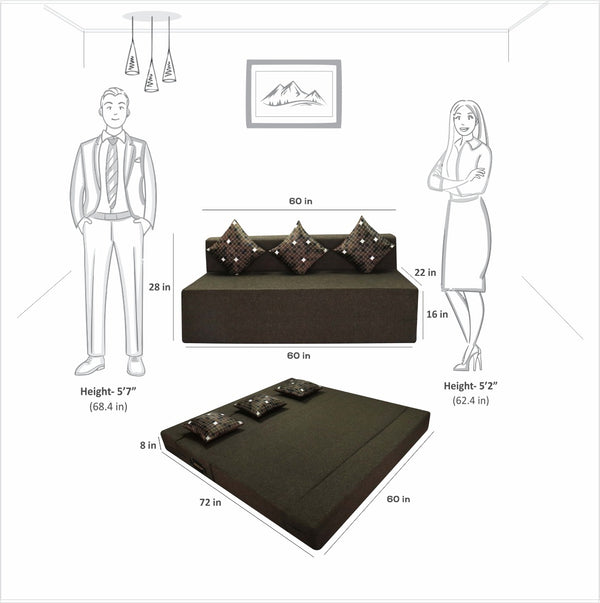 Rejoice Sofa Cum Bed - 3 Seater, Printed Cushion ( Jute Fabric, Brown )