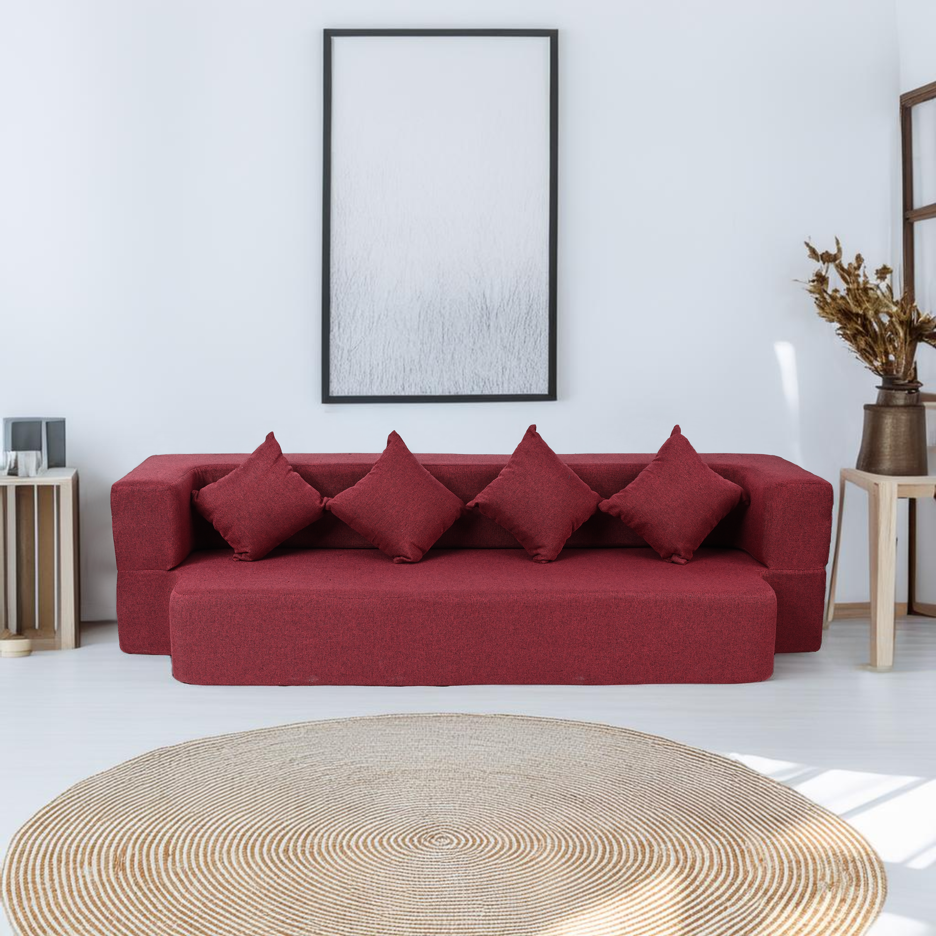 Flipper X Sofa Cum Bed Seater, Plain Cushion Jute Fabric, Maroon