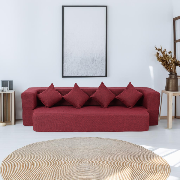 Flipper X Sofa Cum Bed - 4  Seater, Plain Cushion ( Jute Fabric, Maroon )