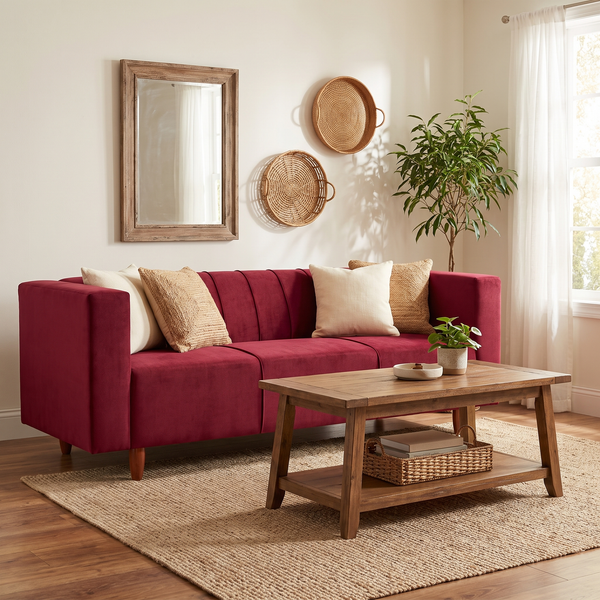 Sydney 3 Seater Sofa- ( Plush Suede Fabric- Maroon )