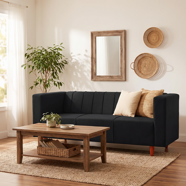 Sydney 3 Seater Sofa- ( Plush Suede Fabric- Black )