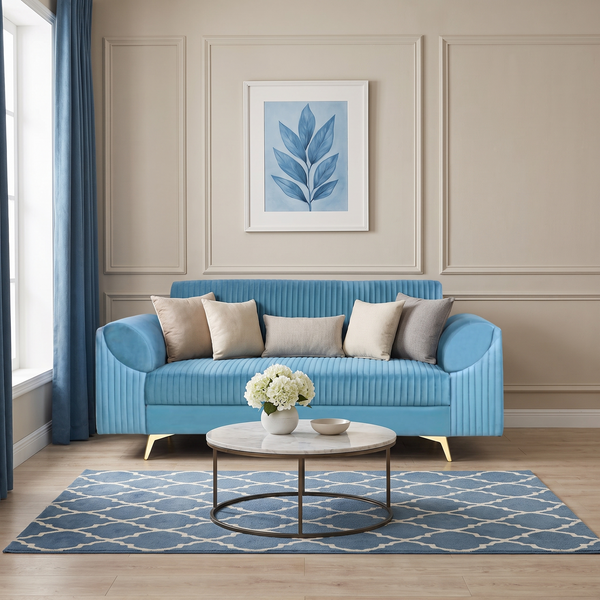 Venice 3 Seater Sofa- ( Plush Suede Fabric- Sky Blue )