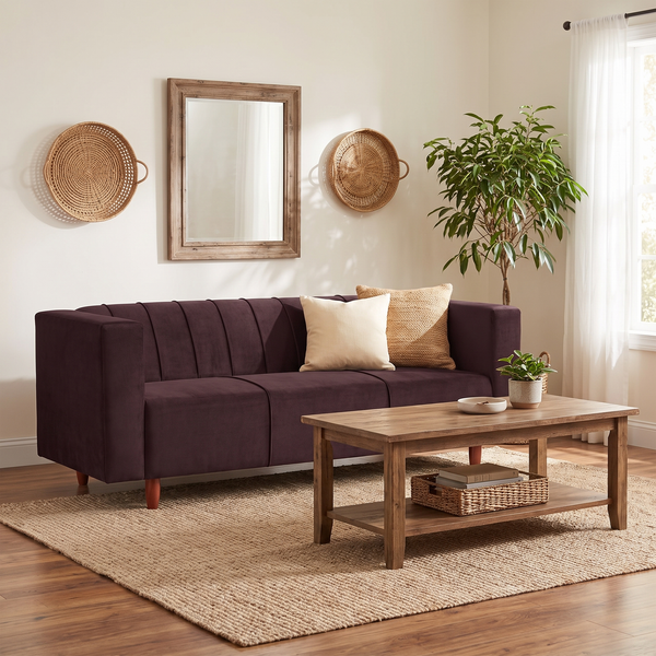 Sydney 3 Seater Sofa- ( Plush Suede Fabric- Brown )