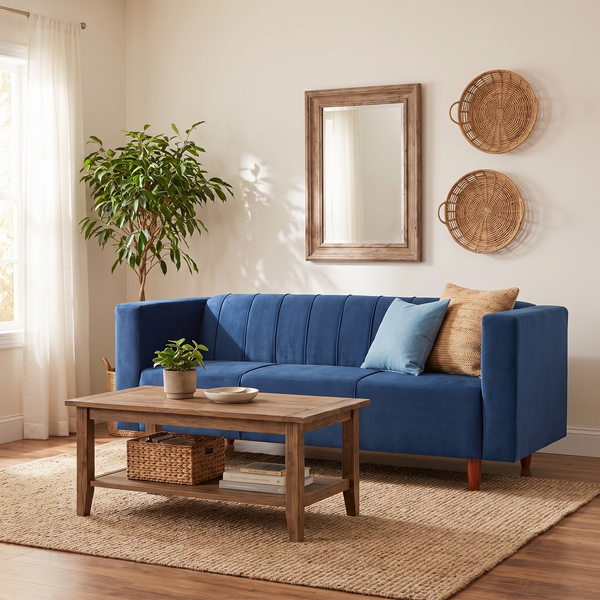 Sydney 3 Seater Sofa- ( Plush Suede Fabric- Blue )