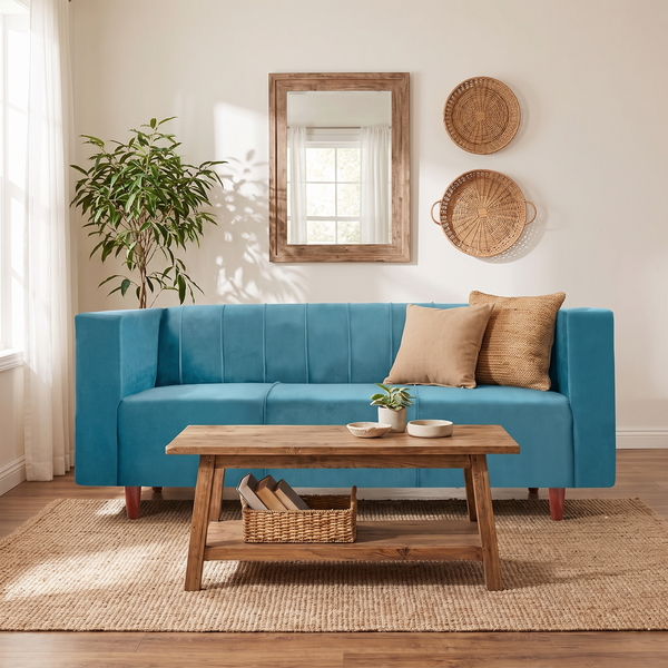 Sydney 3 Seater Sofa- ( Plush Suede Fabric- Sky Blue )