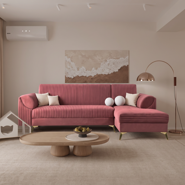 Venice 6 Seater Sofa Right Corner - ( Plush Suede Fabric - Peach )