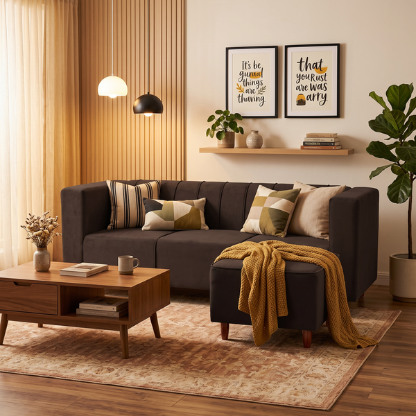 Sydney 4 Seater Sofa Set with Ottoman- ( Plush Suede Fabric- Brown )