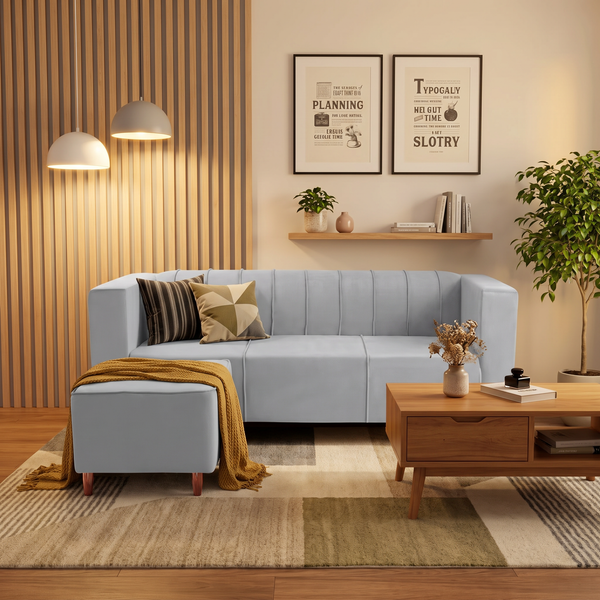 Sydney 4 Seater Sofa Set with Ottoman- ( Plush Suede Fabric- Grey )
