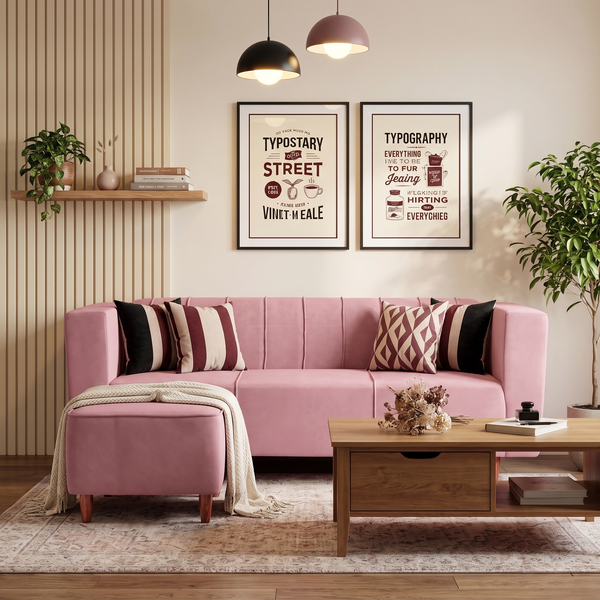 Sydney 4 Seater Sofa Set with Ottoman- ( Plush Suede Fabric- Peach )