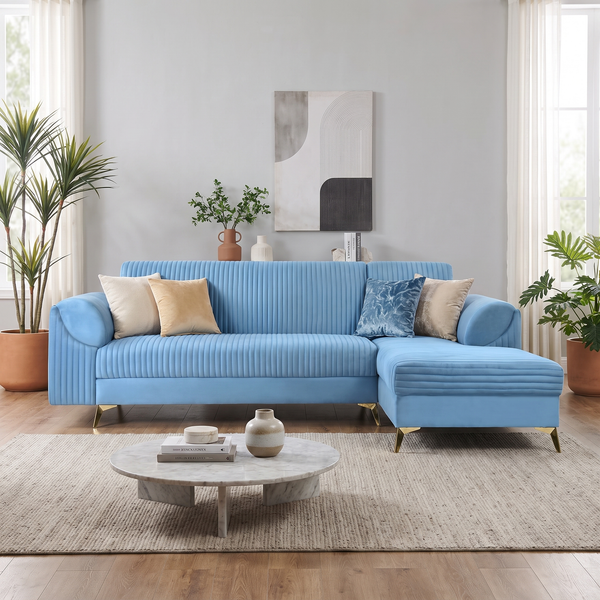 Venice 6 Seater Sofa Right Corner - ( Plush Suede Fabric - Sky Blue )