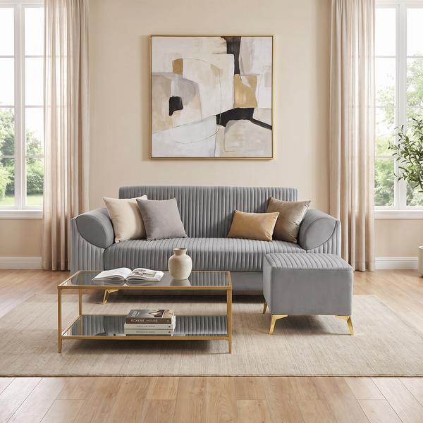 Venice 4 Seater Sofa with 2 Ottoman- ( Plush Suede Fabric- Grey )