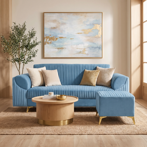 Venice 4 Seater Sofa with 2 Ottoman- ( Plush Suede Fabric- Sky Blue )