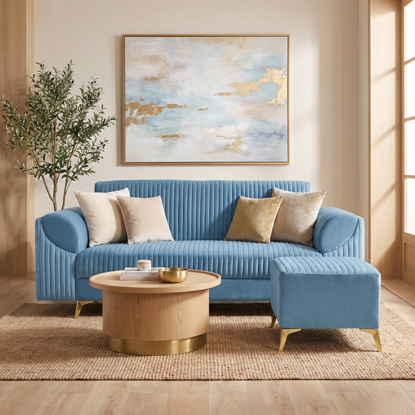 Venice 5 Seater Sofa with 2 Ottoman- ( Plush Suede Fabric- Sky Blue )