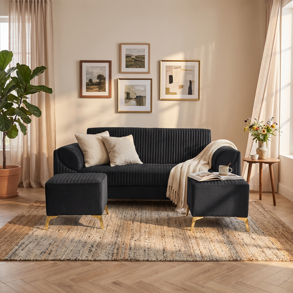 Venice 5 Seater Sofa with 2 Ottoman- ( Plush Suede Fabric- Black )