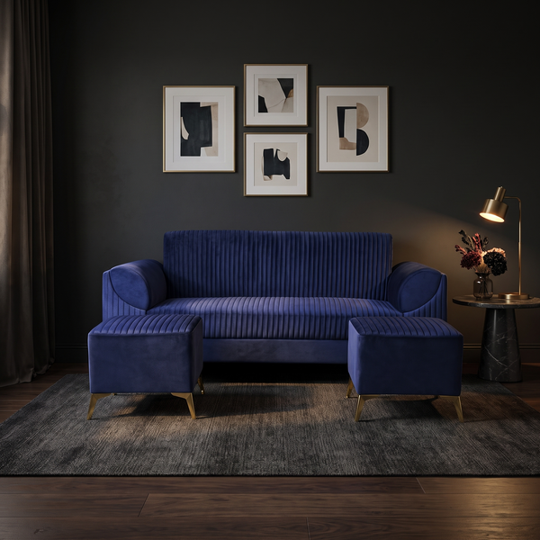 Venice 5 Seater Sofa with 2 Ottoman- ( Plush Suede Fabric- Blue)