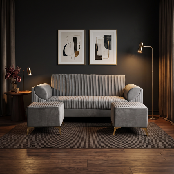 Venice 5 Seater Sofa with 2 Ottoman- ( Plush Suede Fabric- Grey )