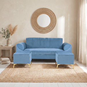 Venice 5 Seater Sofa with 2 Ottoman- ( Plush Suede Fabric- Sky Blue )