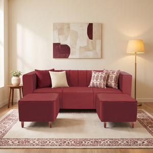 Sydney 5 Seater Sofa Set with 2 Ottoman- ( Plush Suede Fabric - Maroon )