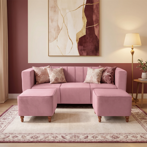 Sydney 5 Seater Sofa Set with 2 Ottoman- ( Plush Suede Fabric - Peach )