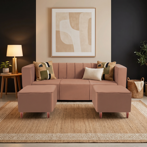 Sydney 5 Seater Sofa Set with 2 Ottoman- ( Plush Suede Fabric - Beige )