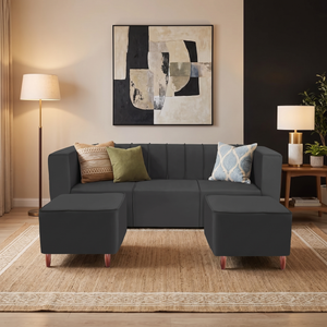 Sydney 5 Seater Sofa Set with 2 Ottoman- ( Plush Suede Fabric - Black )