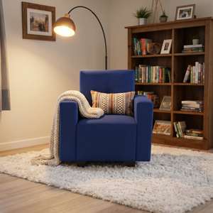London 1 Seater Sofa- ( Plush Suede Fabric- Blue )