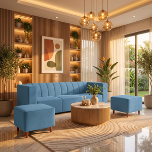 Sydney 5 Seater Sofa Set with 2 Ottoman- ( Plush Suede Fabric-Sky Blue )
