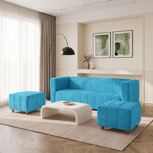 Tokyo 5 Seater Sofa Set with 2 Ottomans- ( Premium Molfino Fabric- Sky Blue )