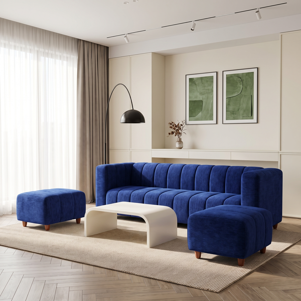 Tokyo 5 Seater Sofa Set with 2 Ottomans- ( Premium Molfino Fabric- Blue )