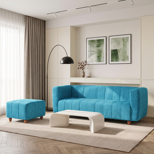 Tokyo 4 Seater Sofa Set with Ottoman- ( Premium Molfino Fabric- Sky Blue )