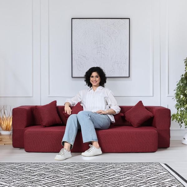 Flipper X Sofa Cum Bed - 4  Seater, Plain Cushion ( Jute Fabric, Maroon )