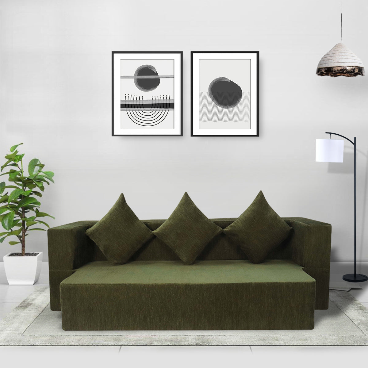 Flipper X Sofa Cum Bed - 3 Seater, Plain Cushion ( Premium Molfino Fabric, Green)