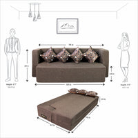 cover of brown jute fabric 78x44x14 flipperx sofa cum bed with 4 printed cushion covers